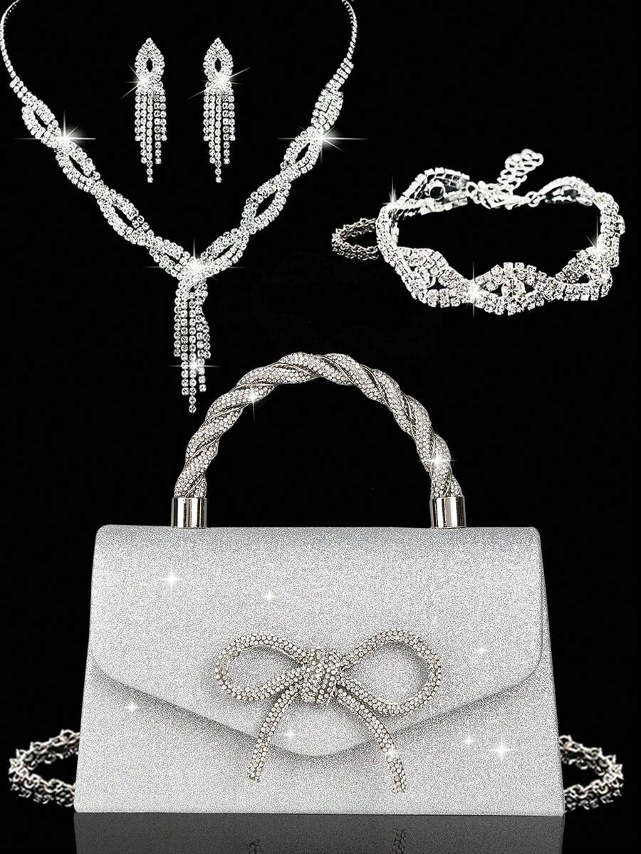 4pcs Luxury Sparkling Women's Jewelry Set, Formal Party Handbag With Rhinestone Bow Decor, Bridal Wedding Gift Set, Suitable For Party, Wedding, Prom, Gala - Silver - View 1