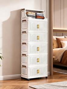 1pc Multi-Layer Foldable Storage Cabinet, Household Simple Foldable Plastic Cabinet, Large Capacity For Snacks, Sundries, Clothes, Toys - White - View 3