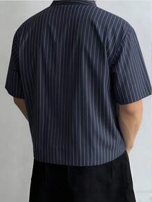 WAIT HIM Men's Casual Loose Striped Short Sleeve Shirt, Spring To Summer - Navy Blue - View 2