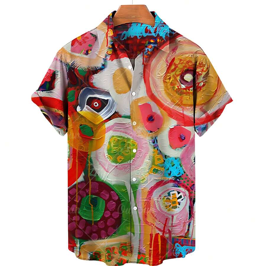 Abstract And Colorful Patterns Symbolize Creative Energy And Happy Emotions. 3D Printed Casual Short Sleeved Button Men's Shirt For Summer Fashion - A508D-aL24354 - View 1