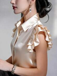 Women's Elegant Satin Short Sleeve Blouse With Ruffle Shoulder Detail And Classic Collar Summer - Apricot - View 2