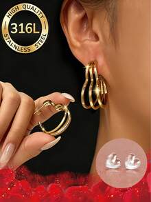 A Pair Of Classic Multi-Layer Heart-Shaped Earrings + Resin Heart Studs, Suitable For New Piercings And Christmas/Valentine's Day Gifts With A Box - Gold - View 2