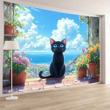 1 Stück 3D Optik Topfpflanze & schwarze Katze beobachtet den Meereshintergrund Dekoration, geeignet für Wohnzimmer, Schlafzimmer, Büro, Party, ein perfektes kreatives Geschenk - 7 - Übersicht 5