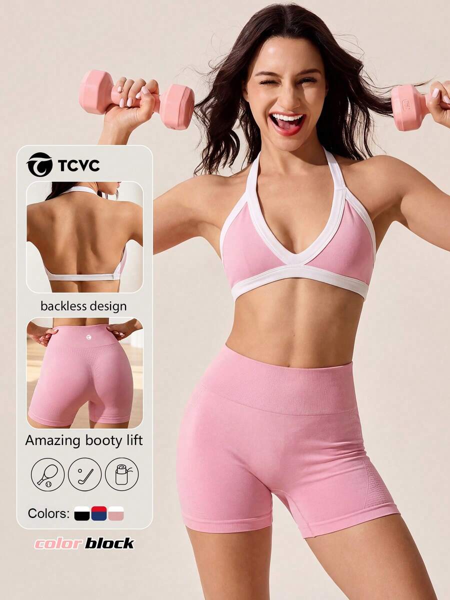 TCVC Spring/Summer New 2 Pieces Set, Women Seamless High Elasticity Sports Bra And Shorts - Pink - View 1