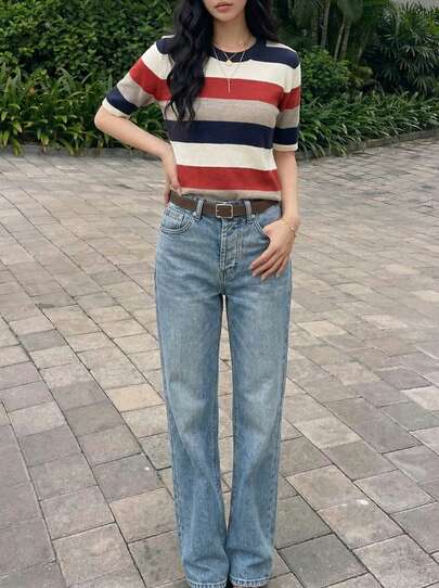 Rikumo 优雅独特的法式针织条纹宽松短袖毛衣衬衫，休闲套头衫，适合春、夏、秋季、返校季穿着，也适合圣诞节、感恩节和新年等场合。