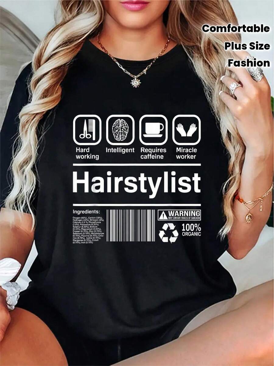 Fashion Casual T-Shirt In With "Hairstylist" Theme Print - Black Version, Adorned With Icons Of Hard Work, Intelligence, Coffee Cravings, And Miracle Makers | Women's Casual Fashion | High-Quality | Comfortable Fit For Everyday Wear | Fashion Accessories Embellish Women Short Sleeve - Black - View 1
