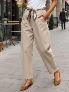 Pantalon pour femme, taille haute, jambe droite, coupe décontractée, pantalon long en coton, fermeture éclair, boutons, poches, ceinture élastique, pantalon décontracté pour femme, coupe classique, avec passant de ceinture, tissu confortable, style quotidien. - Beige - Voir 1