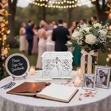 1 pieza Caja de tarjetas de boda, diseño hueco único con cerradura y ranuras para sobres, caja de madera vacía DIY para recepción de boda, aniversario, fiesta de cumpleaños, Navidad - Blanco - Ver 4