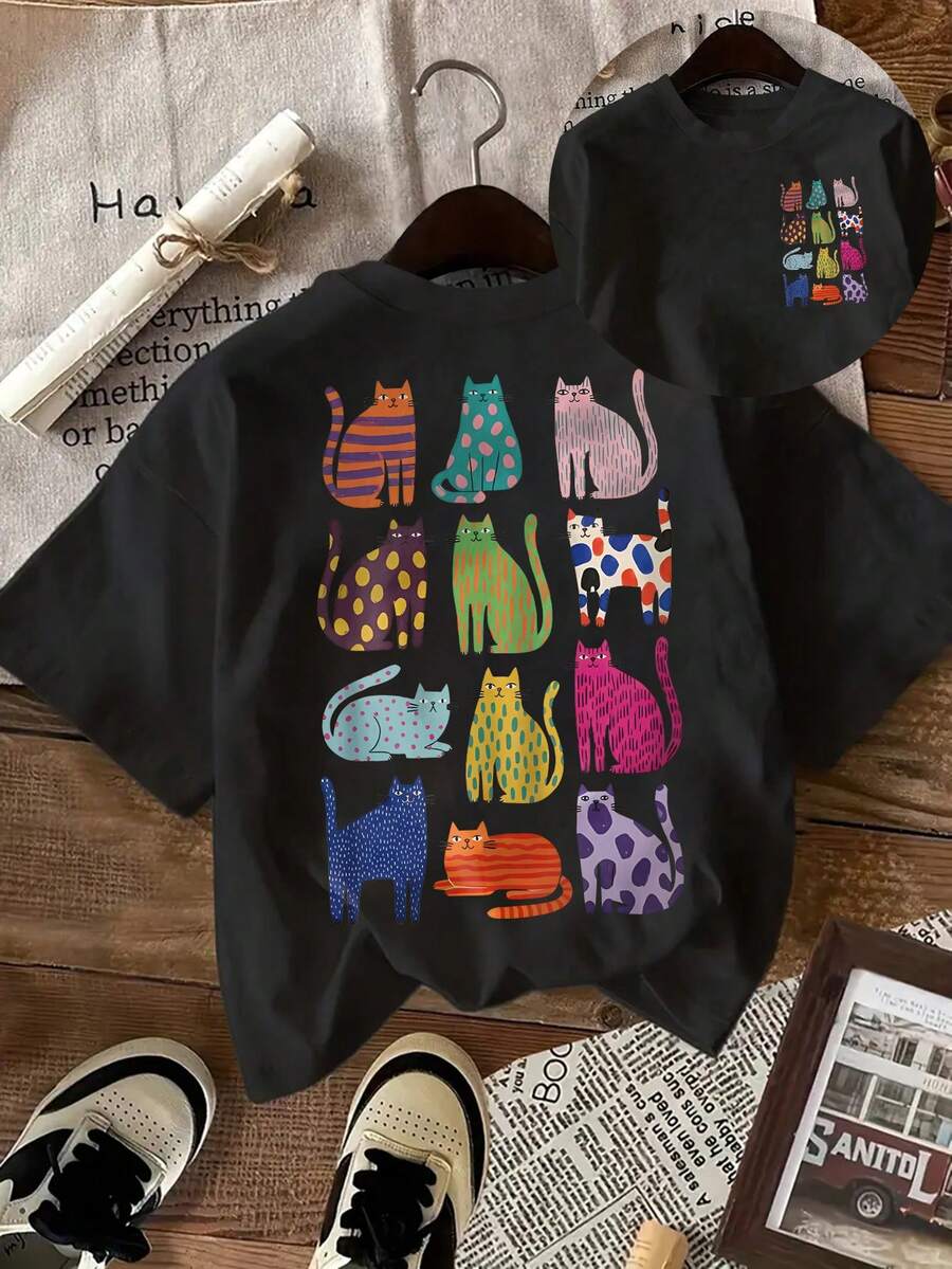 Casual Plus Size Regular Sleeve Tee Featuring Fun Multi-Colored Cat Pattern, Comfortable High Stretch Fabric Black Summer - Black - View 1