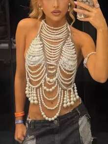 ZHENGHEN 手工珍珠多层身体链露背吊带背心，适合Y2K派对夜店，闪亮透视短款上衣 - 白色 - 查看 8