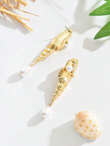 1 Đôi bông tai nữ hình vỏ sò vàng lấp lánh, đính đá và ngọc trai giả, phong cách nàng tiên cá, hoàn hảo cho kỳ nghỉ hè, tiệc tùng trên bãi biển và trang phục mùa hè boho, đi làm hàng ngày, quà tặng hẹn hò. - Vàng - Xem 4