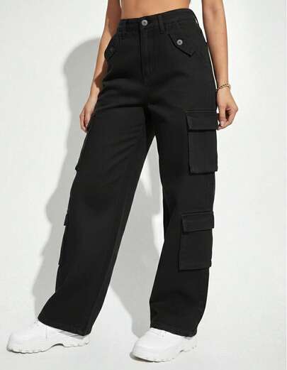 Pantalón de Mezclilla Tipo Cargo de Talle Alto Estilo Urbano Holgado Corte Recto y con Bolsas Laterales Utilitarias para Mujer