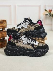 Zapatillas deportivas con elementos de estampado de leopardo a la moda, estampado de lentejuelas doradas, plataforma retro, estilo juvenil universitario unisex - Estampado de leopardo negro sobre fondo negro - Ver 5