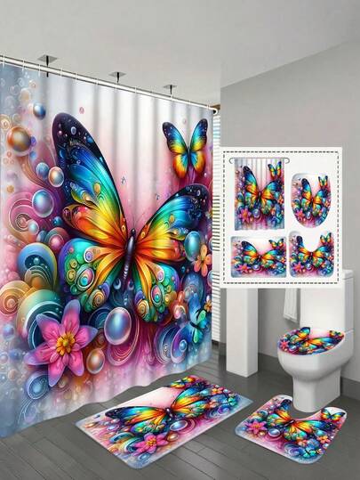 Bộ đồ dùng phòng tắm 1/4 món họa tiết bướm và hoa, trang trí phòng tắm phong cách hiện đại, bộ rèm tắm bằng vải kèm 12 móc, thảm phòng tắm chống trượt, thảm chữ U cho bồn cầu, bọc bồn cầu, quà tặng cho bạn bè.