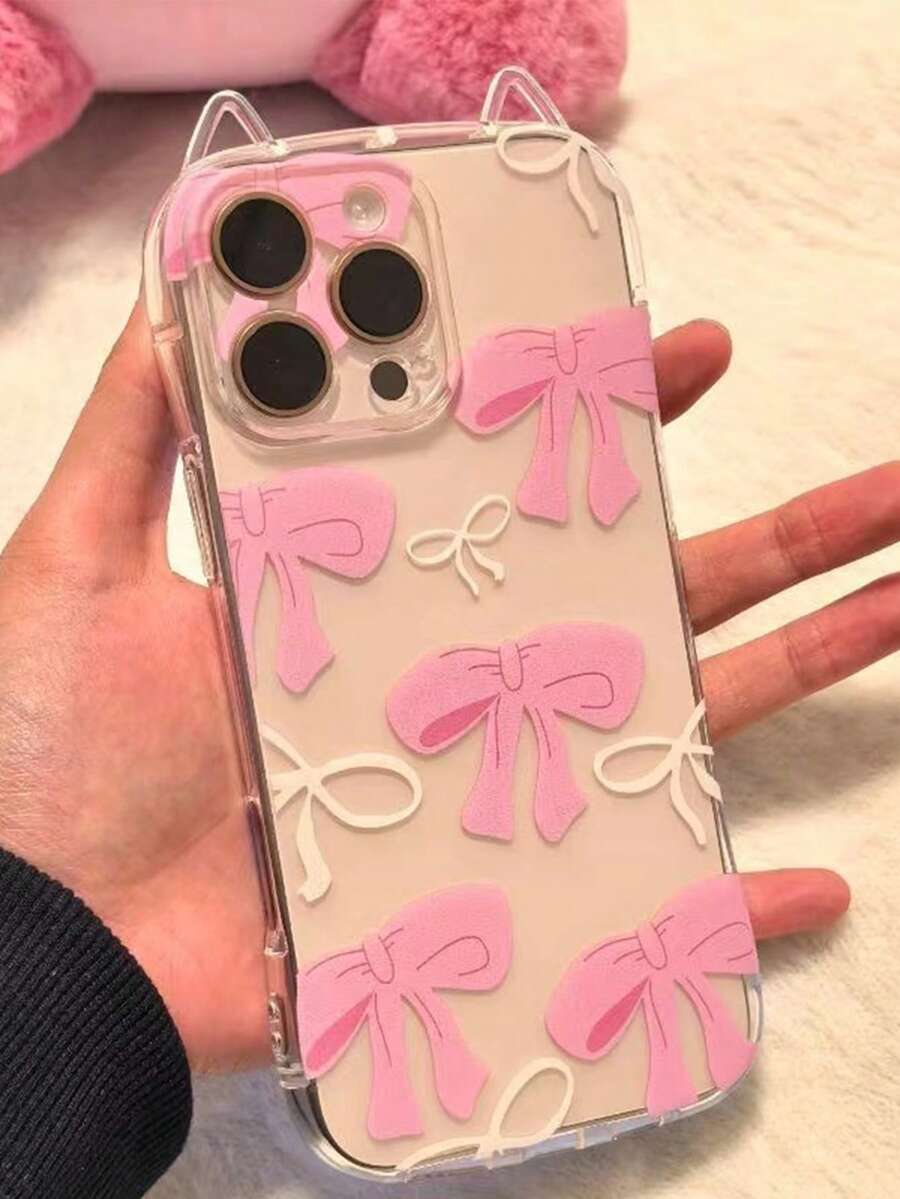 Bowknot Painted New Cat Ear Thick Shockproof Transparent Phone Case Compatible With Iphone 17/17 Pro/17 Pro Max, 14 Pro Max, 13/XS/XR, 11/7 Plus/8/8 Plus, Cartoon Soft Protective Cover - Multicolor - View 1