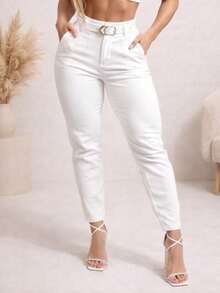 Women's Tailored Dress Pants With Elegant Belt And Buckle, Skinny Style, High Waist. - 白色 - 查看 9