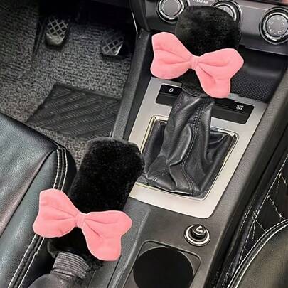 2个红色和粉色小蝴蝶结手刹套，汽车配件装饰和保护
