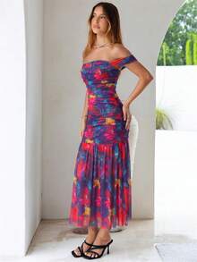 Women's Summer Floral Off Shoulder Sleeveless Ruched Fitted Formal Wedding Guest Maxi Dress - Purple Base With Red Flowers - View 5