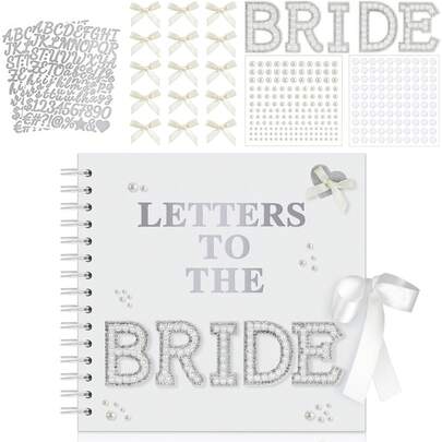 Modern Bride Handmade Scrapbook, Bride Handwritten Letter Scrapbook, Wedding Commemorative Album Bride DIY Blank Paper Album, Wedding Album Guest Book With Pearl Stickers, Metal Letters, Bow Decor