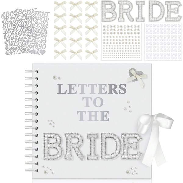 Sổ lưu niệm cô dâu hiện đại tự làm, Sổ lưu niệm thư tay cô dâu, Album kỷ niệm đám cưới, Album giấy trắng tự làm cho cô dâu, Sổ khách mời đám cưới với nhãn dán ngọc trai, chữ kim loại, trang trí nơ.