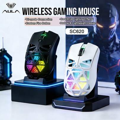 AULA SC620 三模式无线鼠标：2.4G/蓝牙/有线，镂空轻量化 RGB 设计游戏鼠标，适用于台式机和笔记本电脑