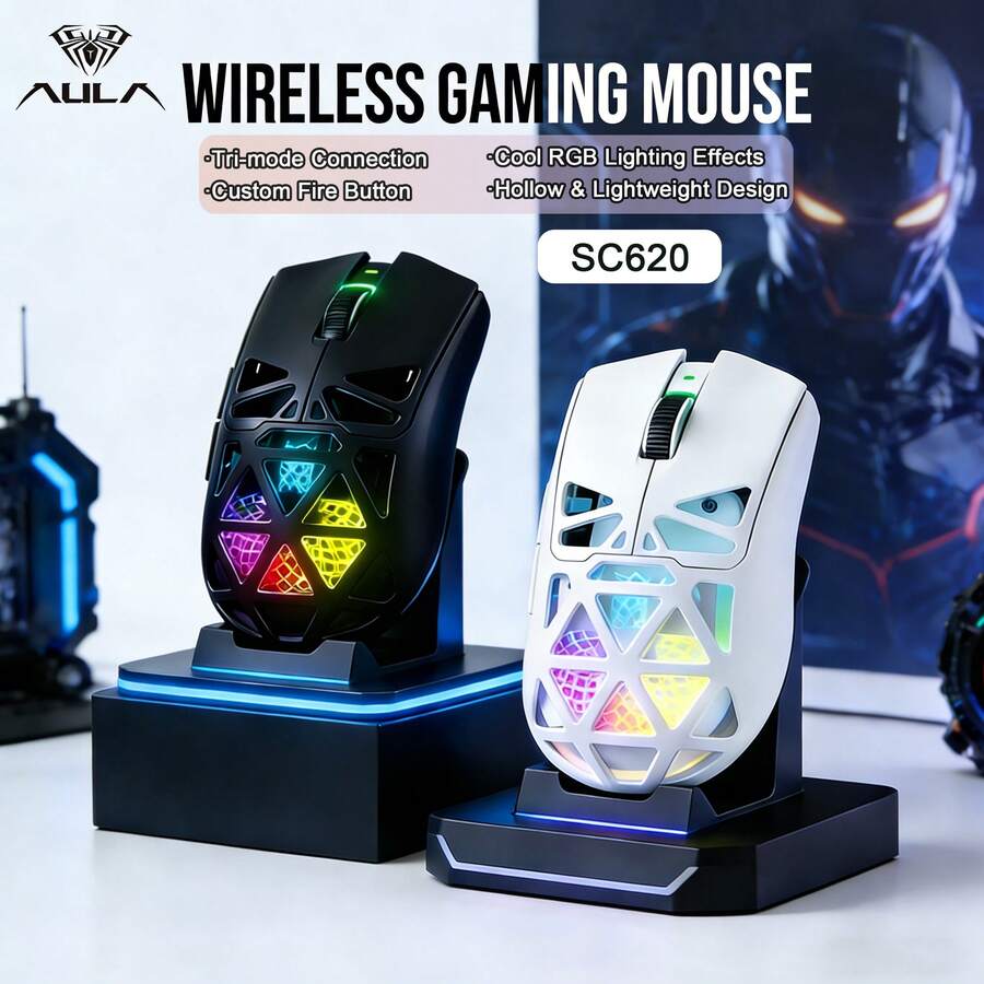 AULA SC620 3-Mode Wireless Mouse: 2.4G/Bluetooth/Wired, Hollow Lightweight RGB Design Gaming Mouse For Desktop & Laptop