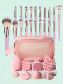 27件套化妆工具套装，包括：20支化妆刷套装+1个化妆海绵+1个三角粉扑+1个迷你气垫粉扑+1个面部冰敷袋+1个化妆刷清洁工具+1个硅胶软毛面部梳+1把梳子+1个硅胶猫爪形面部刷+1个多功能防水拉链化妆包 - 粉色 - 查看 12