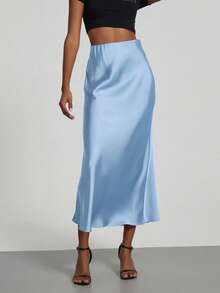 Se-Helo 女士四季时尚缎面弹力腰长裙 - 冰川蓝 春季优雅 - 冰河藍 - 查看 3