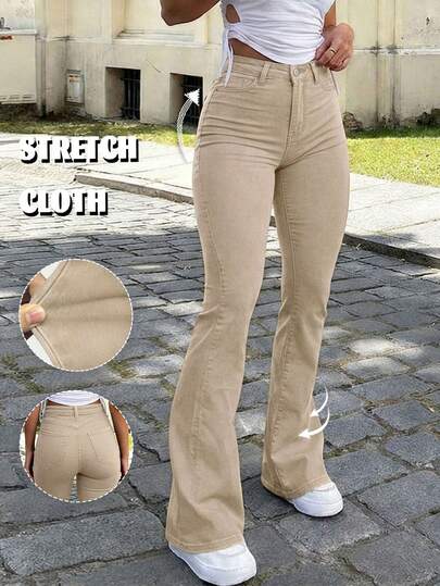 Y2K Style Women's Light Khaki Flare Pants, Solid Color High-Waisted Elastic Fitted Design, Elegant Casual Street Style, Suitable For Spring/Summer, Vacation Outfit, Bohemian