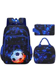 1 Set Football Printed Backpack Combo, Large Capacity Multi-Pocket Design Lightweight Bookbag, Suitable For Daily Commute & Various Occasions, Teenage Backpack, Back To School Gift - Blue - View 11