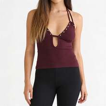 Womens Rivets Studded Halter Neck Plunge Cami Top Self-Tie Spaghetti Straps V-Neck Cut Out Front Crop Tank Top Camisole Vest Y2K Streetwear Party Tops - 酒紅色 - 查看 3