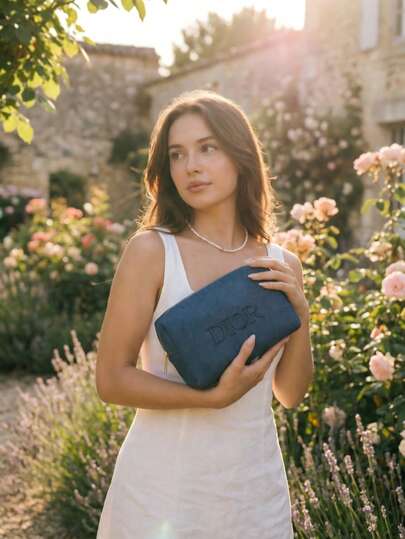 Dior 1个拉链封口中号蓝色牛仔布收纳包 - 奢华休闲风格，刺绣Logo细节，长方形，多功能化妆包，适合旅行和日常使用