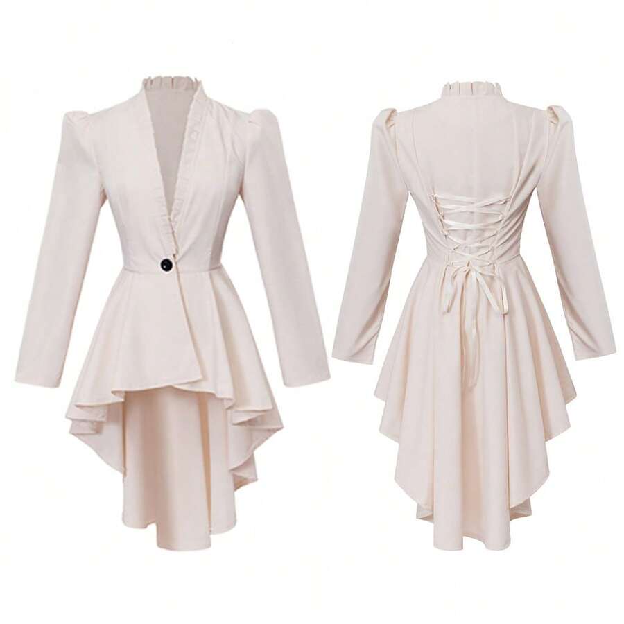 Traje renacentista femenino, abrigo steampunk medieval, vestido gótico victoriano vintage - Beis - Ver 1