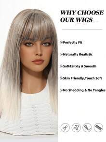 14英寸渐变棕色至金色层次刘海中长直发合成编织假发，适合女性，可用于节日、派对、角色扮演、日常佩戴、万圣节、圣诞节、新年、音乐节等场合，是送给女孩的绝佳礼物，毕业季适用，可直接作为礼物赠送，万圣节和圣诞节必备。 - 漸變金色 - 查看 2