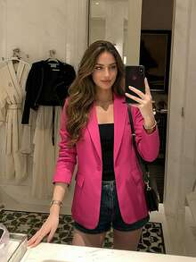 Blazer de manga larga de un solo botón, de unicolor, casual y versátil para uso diario, primavera - Rosa Fucsia - Ver 8