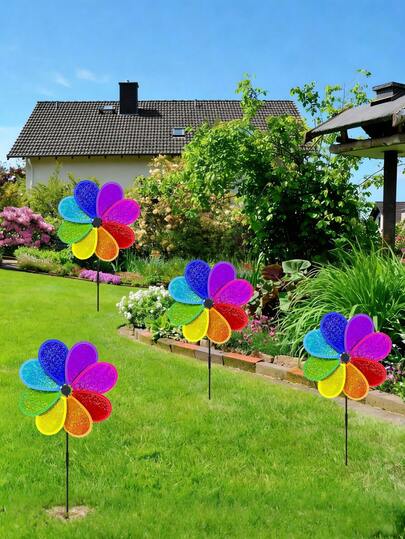 2pcs Rainbow Plastic Outdoor Garden Decor Windmill, Suitable For Spring Garden Decoration, Outdoor Lawn Decor, Colorful Rotating Windmill, Patio And Garden Decoration