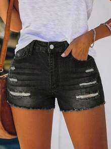 Summer Women Ripped Denim Shorts Sexy Casual Street Style Shorts Frayed Hem - Dark Grey - View 1