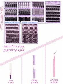 1076片、280片、240片、220片、168片，D型、C型卷翘，DIY假睫毛套装，蓬松簇状假睫毛，单根簇状假睫毛，簇状假睫毛套装，包含胶水和定型液、卸妆液、镊子，柔软日常交叉簇状假睫毛，3D睫毛嫁接套装，方便在家DIY睫毛，化妆工具，簇状假睫毛 - 彩色 - 查看 2