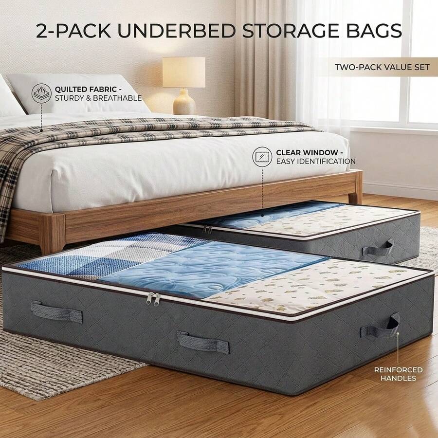 2-Piece/4-Piece Set Of Under-Bed Storage Bins, Foldable Under-Bed Storage Bags, Suitable For Clothes, Sheets, Shoes, Linens, Etc., Gray - View 1
