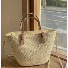 Large Fashionable Straw Bag For Women In Korean Style – Large Capacity, Versatile, Shoulder Shopper Ideal For Summer Outings. - Off White - View 4