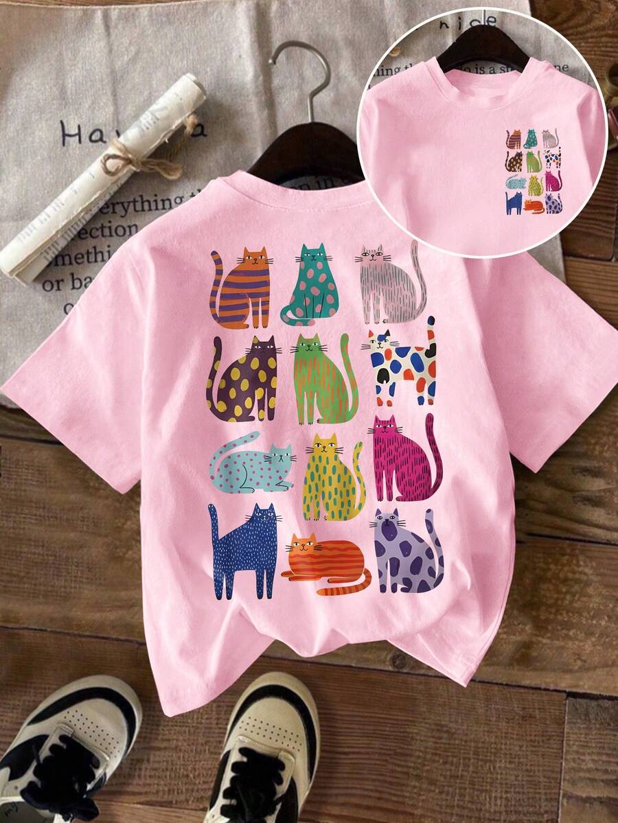 休闲加大码常规袖T恤，饰有趣味多彩猫咪图案，采用舒适高弹面料，粉色。 - 粉色 - 查看 1