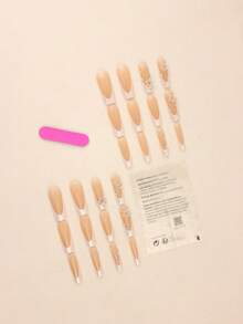 24pcs Trapezoid Press-On Nails, Dreamy Aurora Silver Rhinestone Star Manicure Set With Translucent Nude Pink Base, Aurora White French Tips And Full Rhinestone Star Decor, Suitable For Parties, Music Festivals Or Occasions Seeking Unique Attention-Grabbing Style - Multicolor - View 6