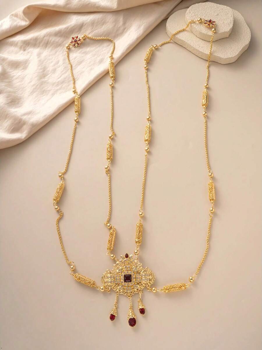 手工微镶嵌水晶金属摩洛哥婚礼身体饰品，阿拉伯新娘肩链 - 金色 - 查看 1