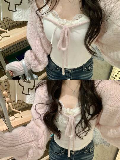 韩式柔软针织系带纯色优雅长袖开衫