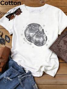 The Spring/Summer Collection Features Silver Disco Ball Elements; Street Casual Women's Pure Cotton Round Neck Short-Sleeved Knit T-Shirt, White Top. - White - View 1