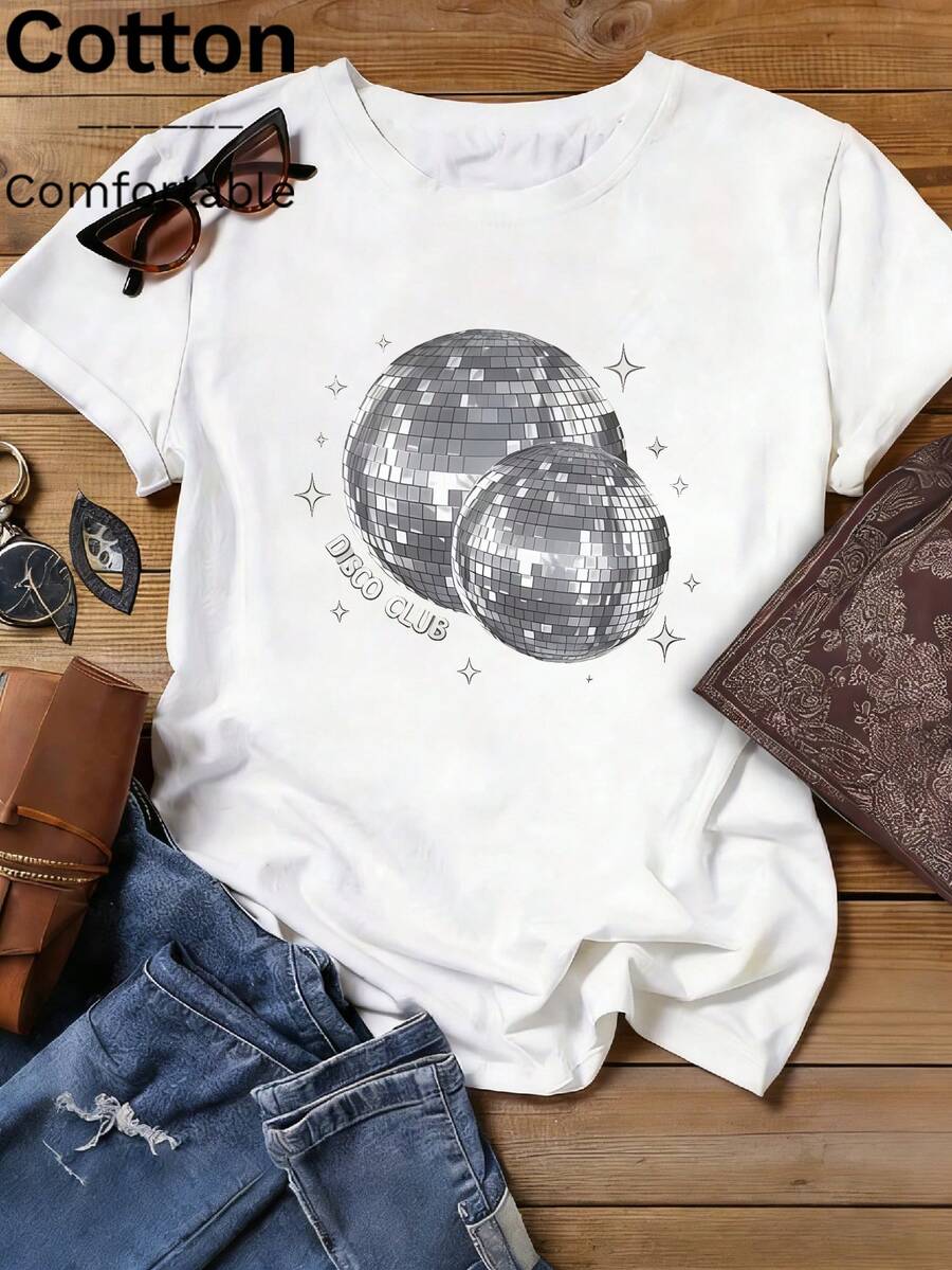 The Spring/Summer Collection Features Silver Disco Ball Elements; Street Casual Women's Pure Cotton Round Neck Short-Sleeved Knit T-Shirt, White Top. - White - View 1