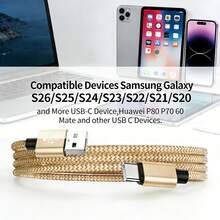 USB A 转 Type C 数据线 3A 快充[3.3 英尺/6.6 英尺/10 英尺] USB-C 快充尼龙编织线 兼容三星 Galaxy S26 S25 S24 S23 S22 S21 S10、Note 20 10 9 A51 G8 G7、Pixel 及其他 USB-C 设备 - 香檳色 - 查看 7