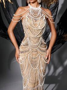 LUVISTRUE Women's Luxury Halter Neck Beaded Sequin Formal Evening Gown, Sexy Mermaid Cocktail Maxi Dress For Party, Wedding Guest, Spring/Summer Fall - Champagne - View 7