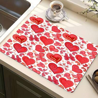 1pc White Base Red Heart Butterfly Pattern Multipurpose Absorbent Mat, Polyester Waterproof Countertop Protector Pad, Suitable For Kitchen, Dining Table Decor, Dish Drying, Washing Machine, Coffee Maker, Bathroom Vanity, Kitchen Accessories, Party Supplies