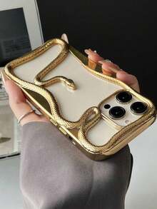 New Fashionable Hollow Electroplated Snake Design Phone, Compatible With 11/12/13/14/15/16/17 Pro/Pro, S22/23/24/25 Ultra, Stylish And Protective Full Coverage Anti-Fall Phone Cover - 金色 - 查看 3